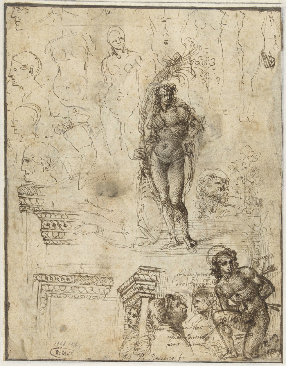 Folha de Estudo com Cabeças, Figuras e Fragmentos Arquitetônicos Folha de estudo com cabeças, figuras e fragmentos arquitetônicos de Piero di Cosimo (attributed to)