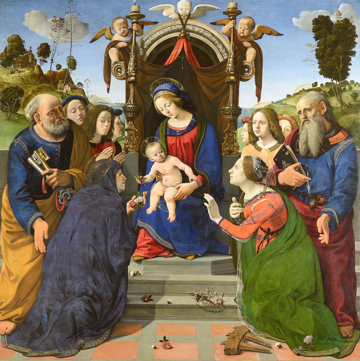 Madona e Menino Entronizado com os Santos Pedro, João Evangelista, Isabel da Hungria (), Catarina de Alexandria e anjos de Piero di Cosimo