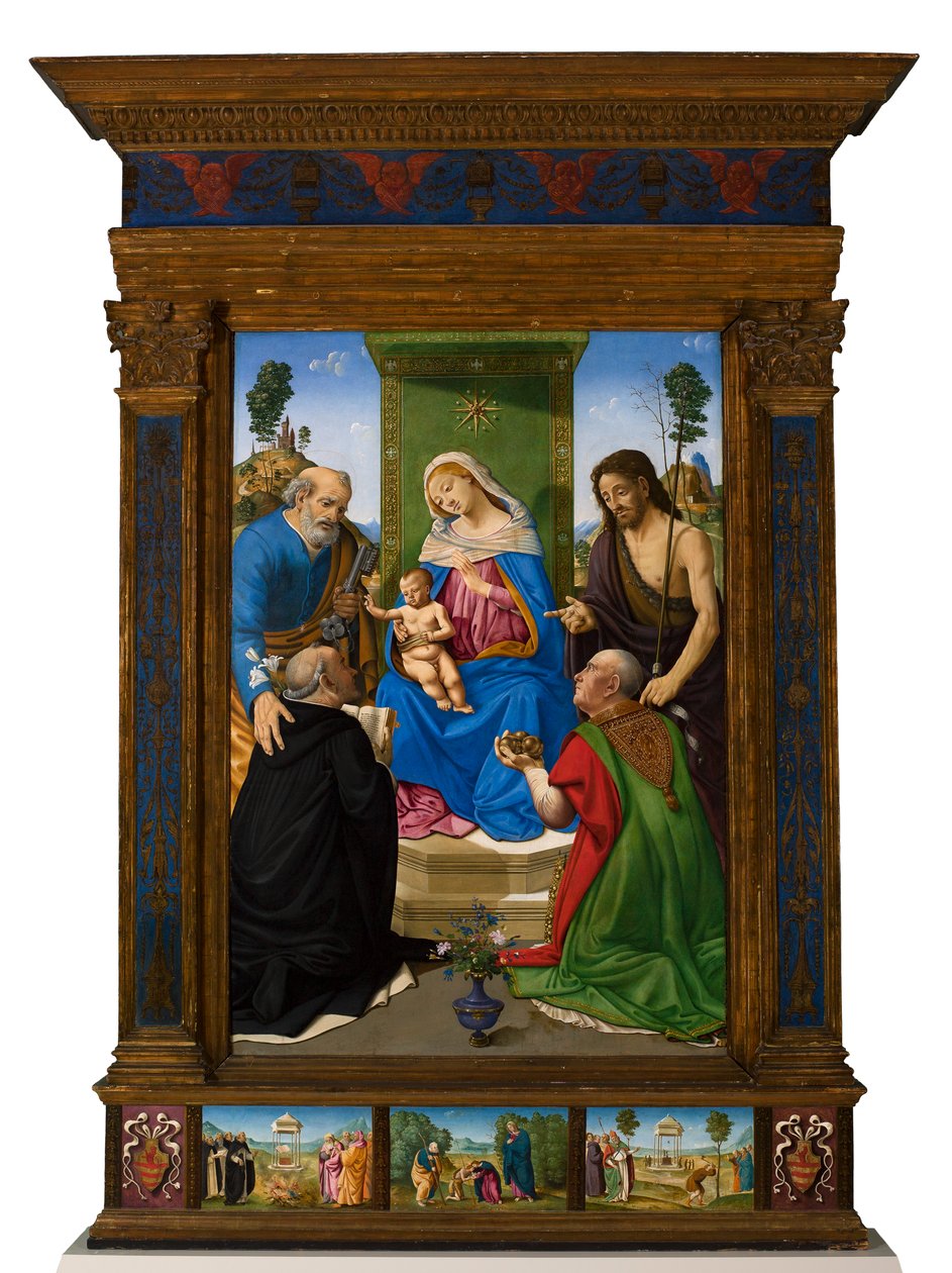 Madona e Menino entronizados com os santos Pedro, João Batista, Domingos e Nicolau de Bari de Piero di Cosimo