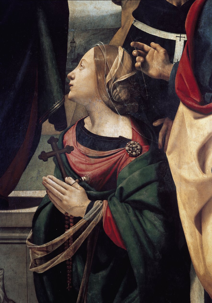Santa Margarita de Antioquia, detalhe da concepção de Imaculada rodeada por 6 Santos. (Óleo sobre tela, c. 1505) de Piero di Cosimo