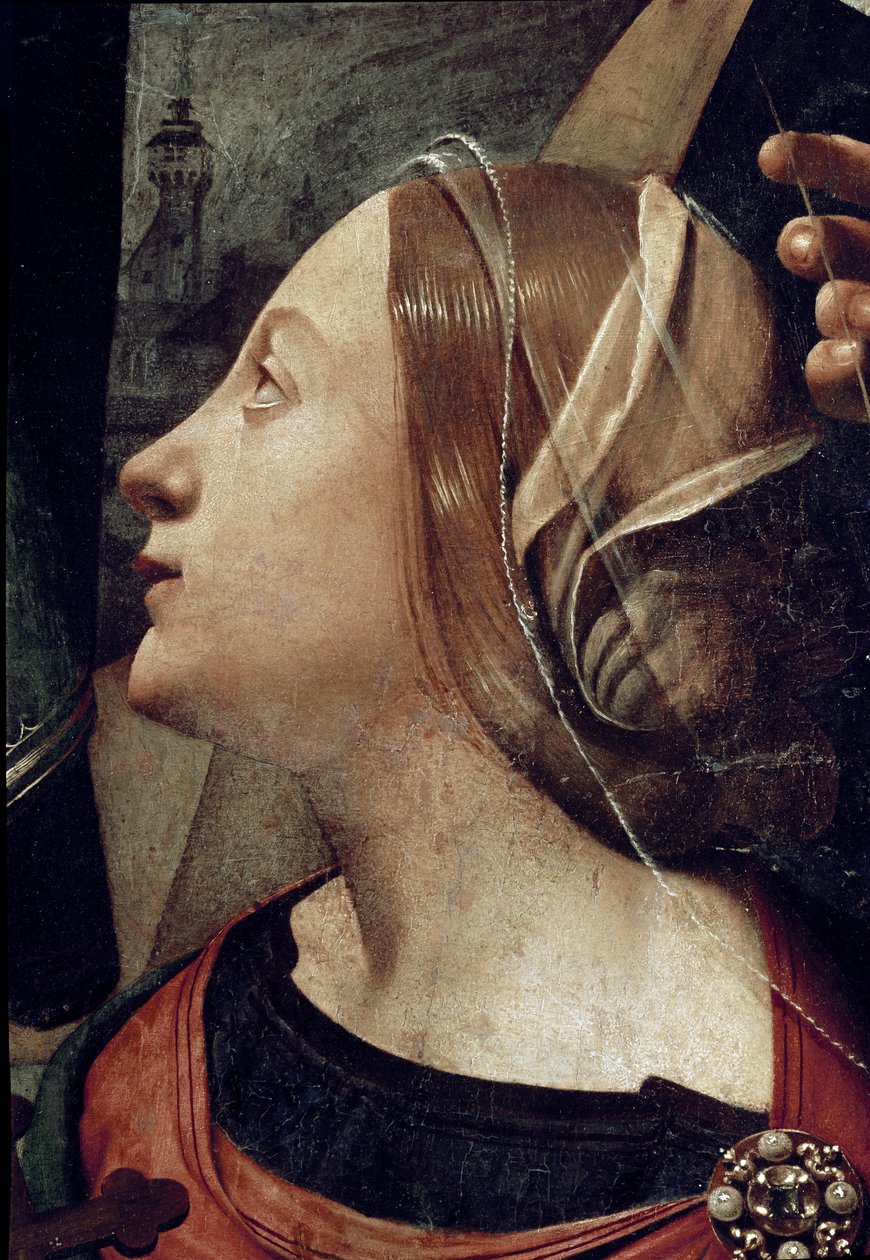 Santa Margarita de Antioquia, detalhe da concepção de Imaculada rodeada por 6 Santos. (Óleo sobre tela, c. 1505) de Piero di Cosimo