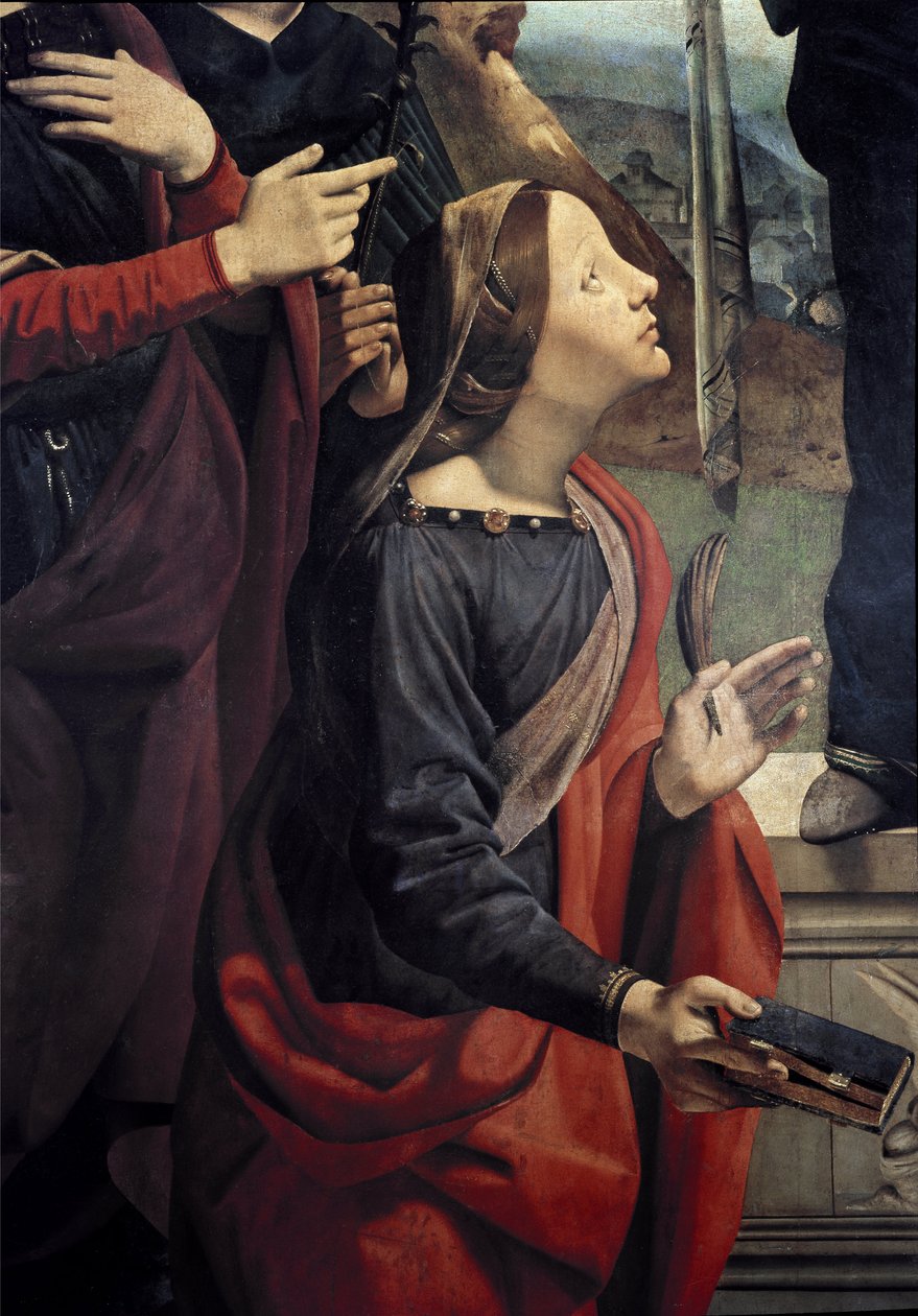 Santa Catarina de Alexandria, detalhe da concepção de Imaculada rodeada por 6 Santos. (Óleo sobre tela, c. 1505) de Piero di Cosimo