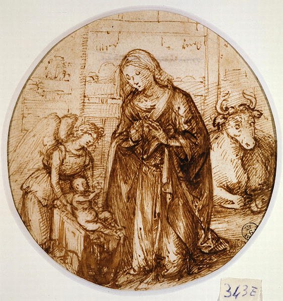 A Adoração da Criança (caneta e tinta sobre papel) de Piero di Cosimo