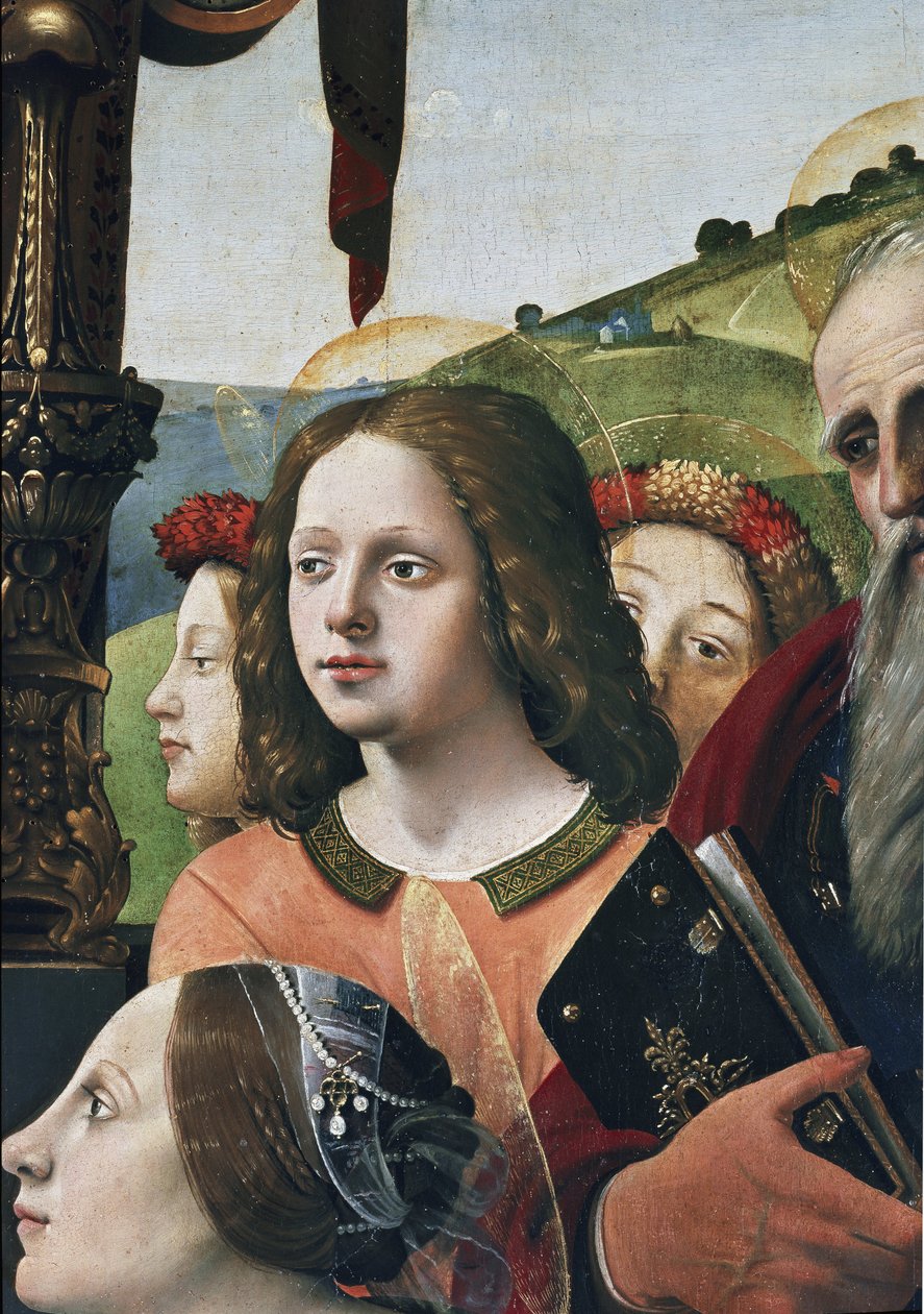 Virgem e Criança no trono rodeadas de santos, detalhe (óleo e tempera no painel, cerca de 1493) de Piero di Cosimo