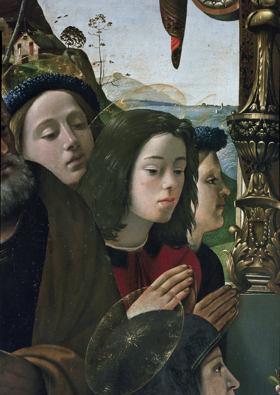 Virgem e Criança no trono rodeadas de santos, detalhe (óleo e tempera no painel, cerca de 1493) de Piero di Cosimo