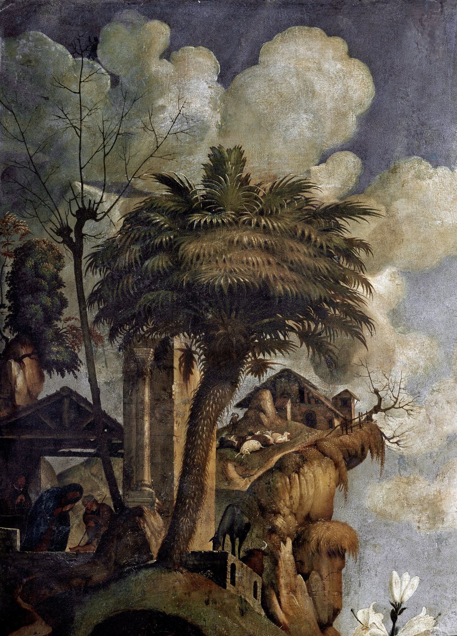 Virgem e Criança no trono rodeadas de santos, detalhe (óleo e tempera no painel, cerca de 1493) de Piero di Cosimo