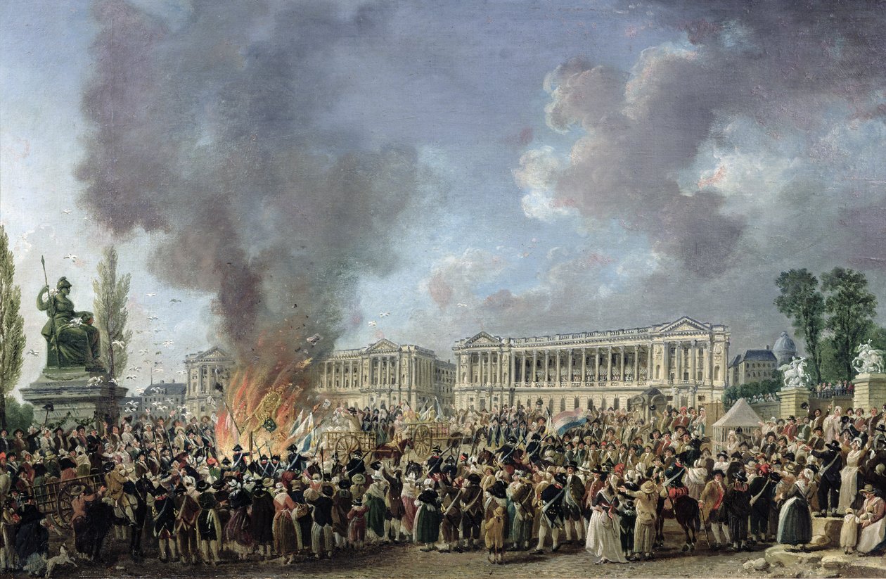 A Celebração da Unidade, Destruindo os Emblemas da Monarquia, Place de la Concorde, 10 de agosto de 1793 de Pierre Antoine Demachy