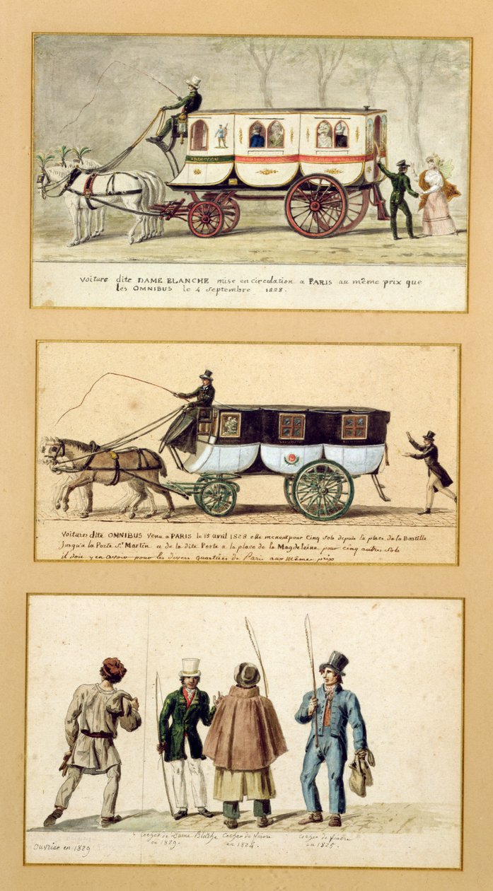 Uma carruagem Dame Blanche, um ônibus e motoristas, 1815-30 de Pierre Antoine Lesueur