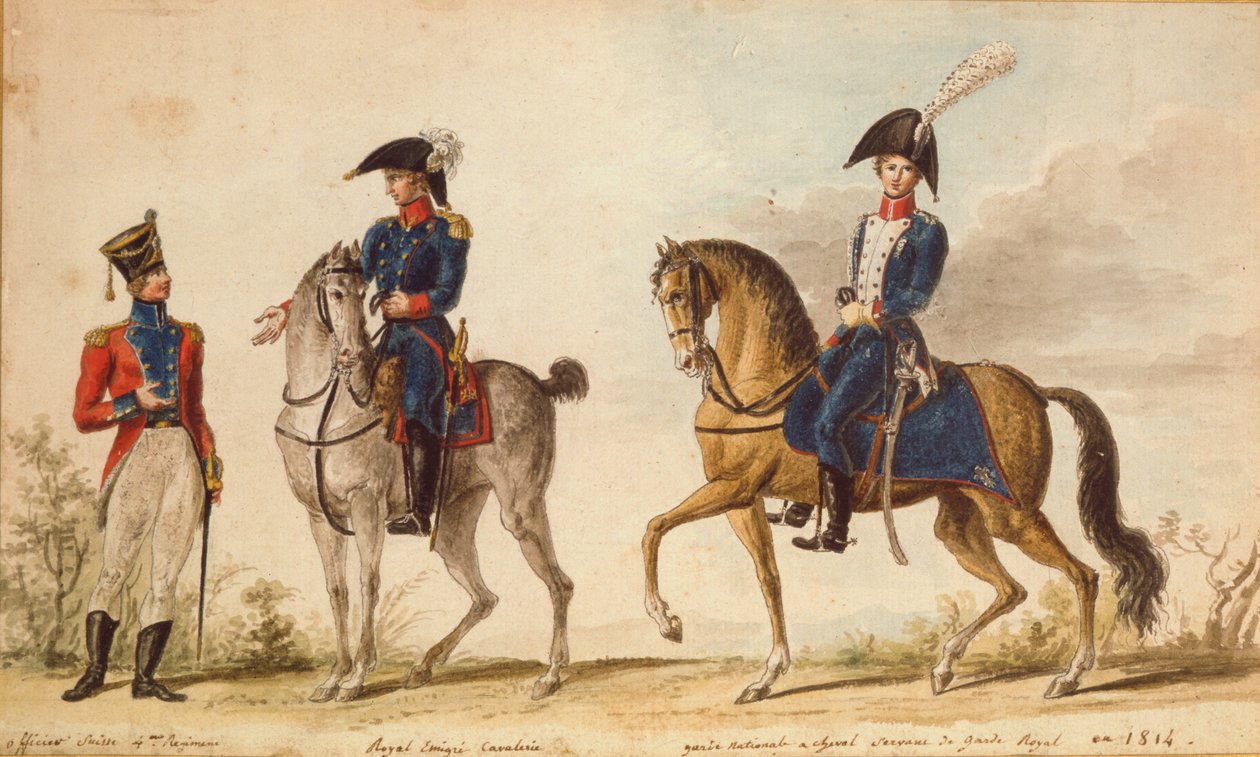 Oficial suíço do 4º regimento, cavaleiro da cavalaria do emigrado real e montou a guarda nacional, 1814 (guache) de Pierre Antoine Lesueur