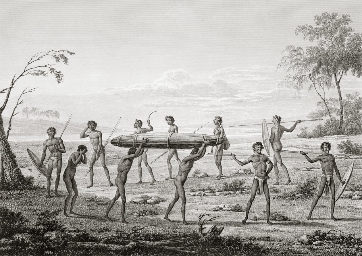 Port Jackson, New Holland: Cerimónia funerária aborígene, da «Voyage Autour du Monde (1817-20)», de Louis Claude Desaulses de Freycinet (1779-1842), da autoria de Lerouge e Villerey, publicada em 1822-24 ( de Pierre Antoine Marchais