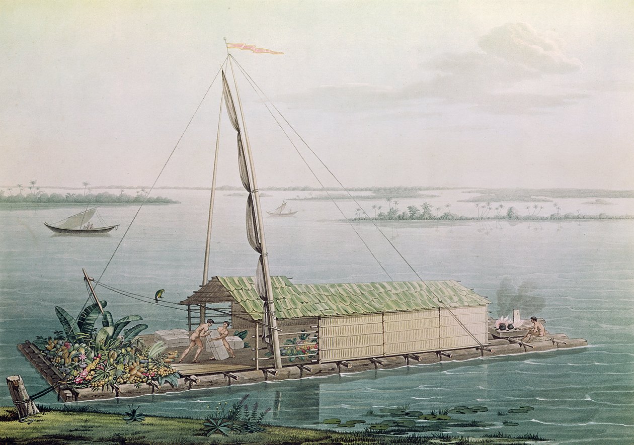 Jangada no rio Guayaquil, de &39;Voyages aux Regions Equinoxiales du Nouveau continente&39; por Alexander de Humboldt (1769-1859) gravado por Michel Bouquet (1807-90) publicado em 1814 (colorido engravin de Pierre Antoine Marchais