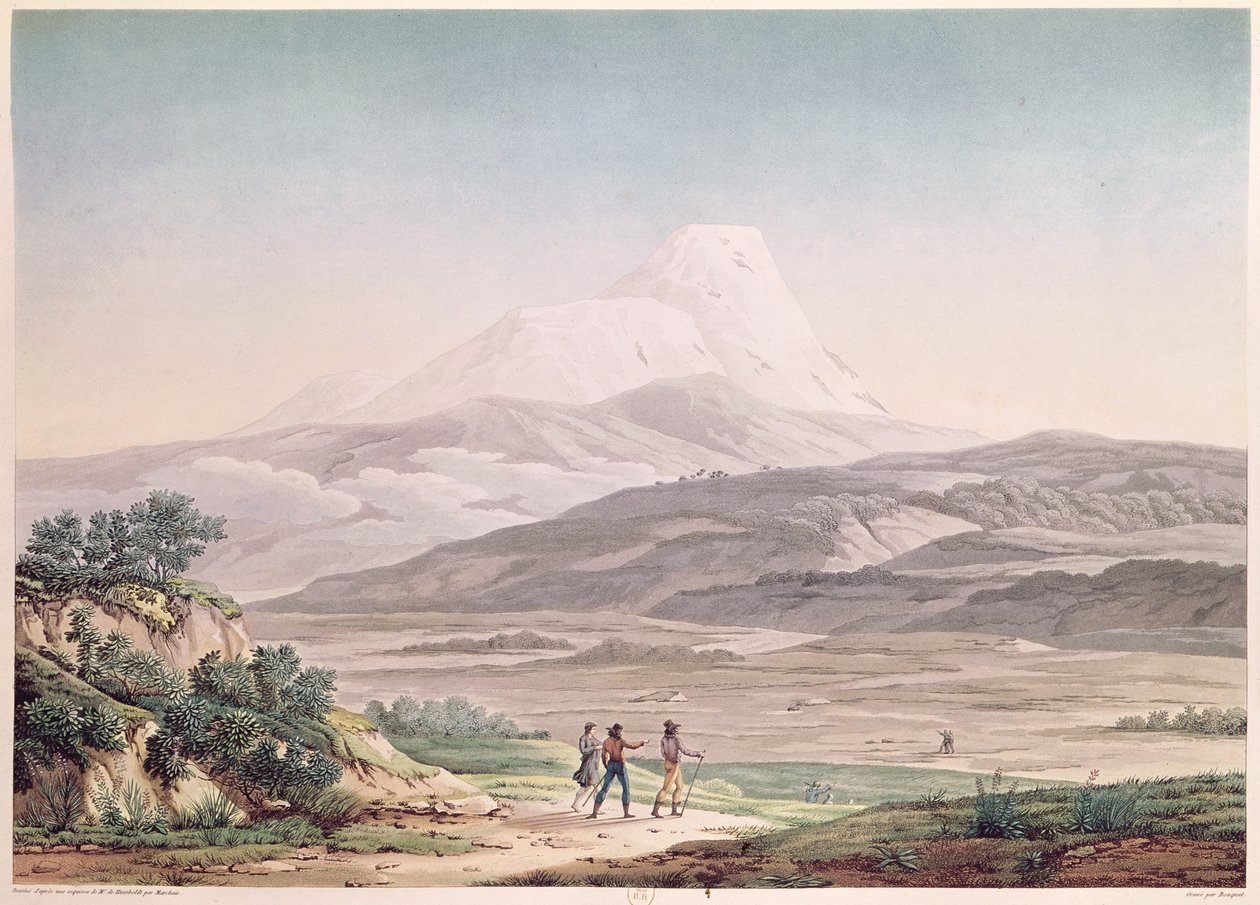 Vista de Cajambe, de &39;Viagens para as regiões equinociais do novo continente&39; por Alexandre de Humboldt (1769-1859) gravado por Michel Bouquet (1807-90) publicado em 1814 de Pierre Antoine Marchais