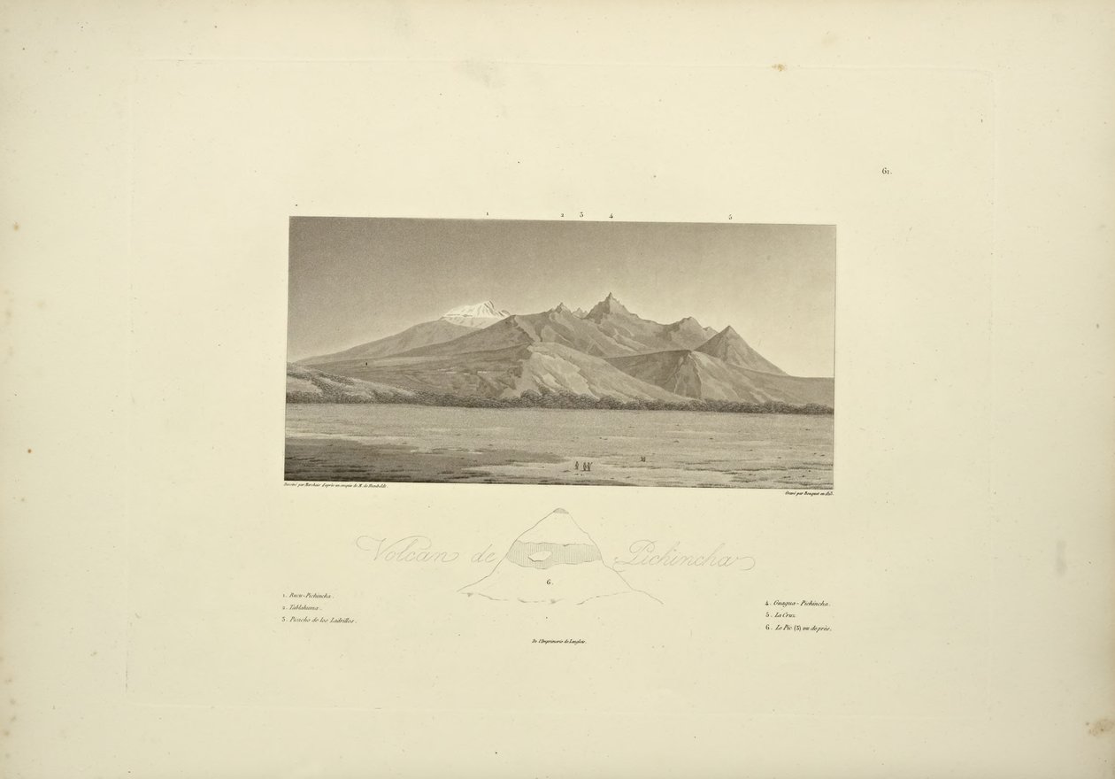 Vulcões de Pichincha, gravados por Bouquet, ilustração de "Vistas das Cordilheiras e Monumens dos Povos Indígenas da América" por Alexander von Humboldt e Aime Bonpland, 1813 de Pierre Antoine Marchais