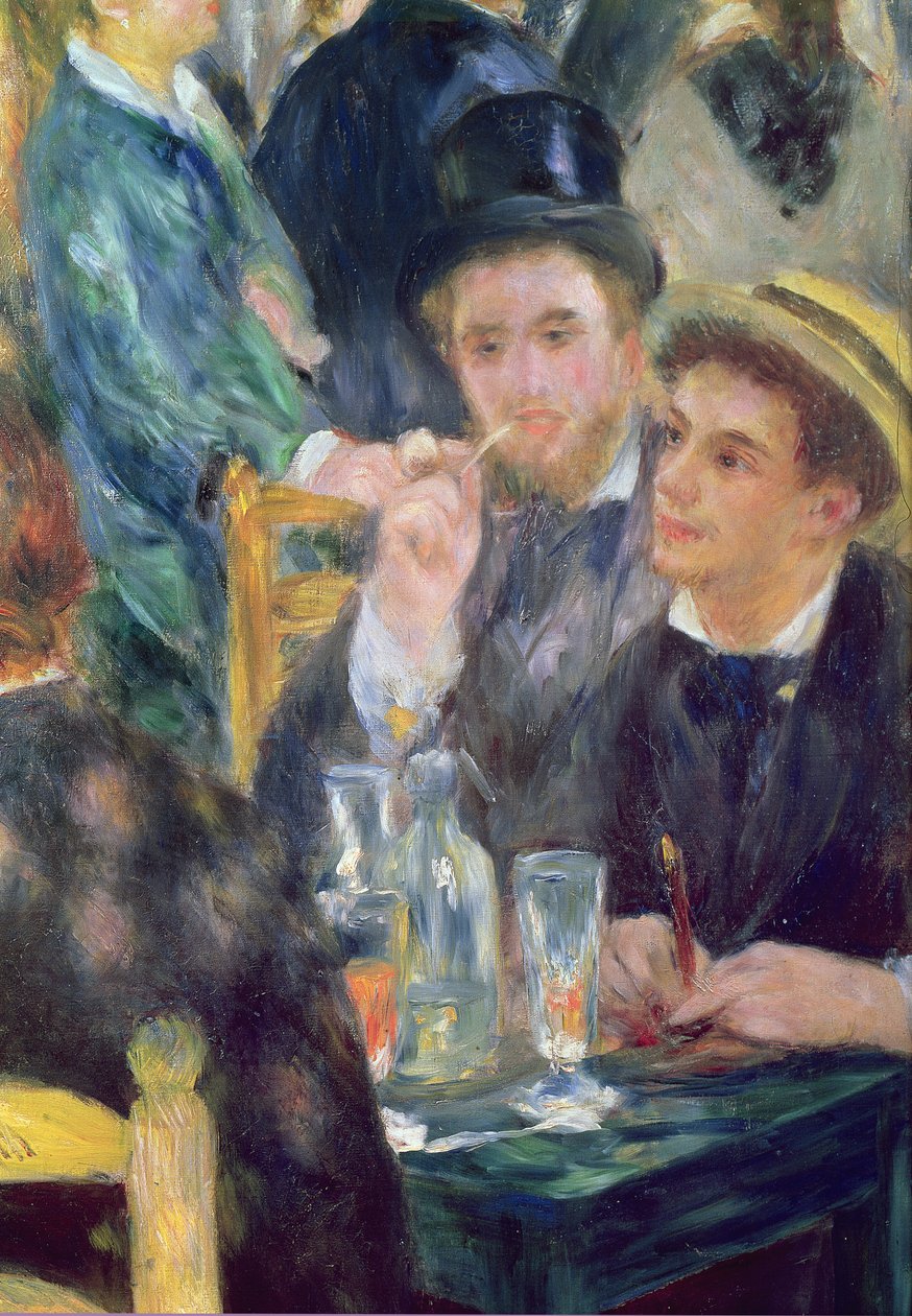 Bola no Moulin de la Galette, detalhe de dois homens sentados, 1876 óleo sobre tela de Pierre Auguste Renoir