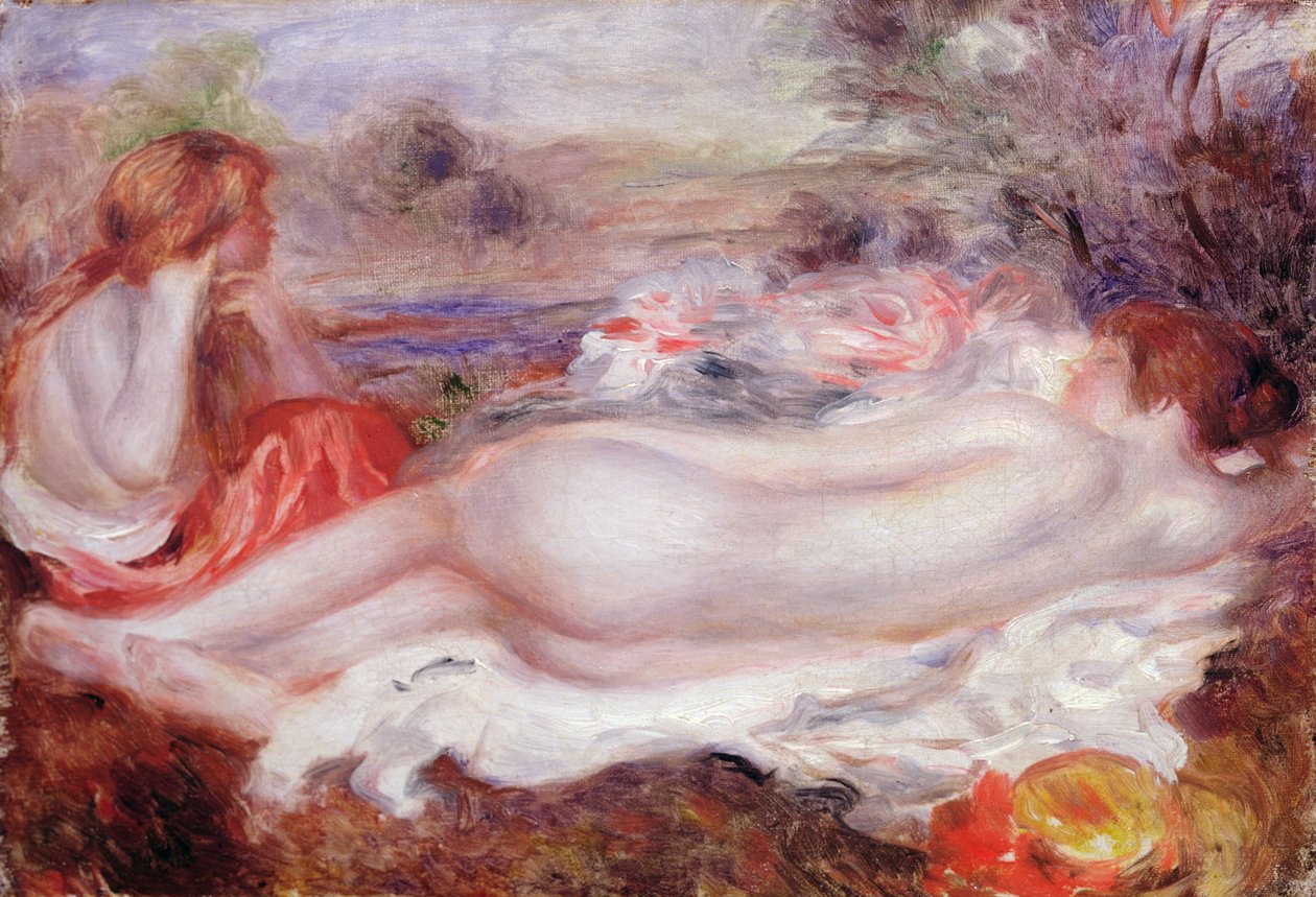 Bather reclinada e uma menina jovem fazendo o cabelo dela, 1896 de Pierre Auguste Renoir