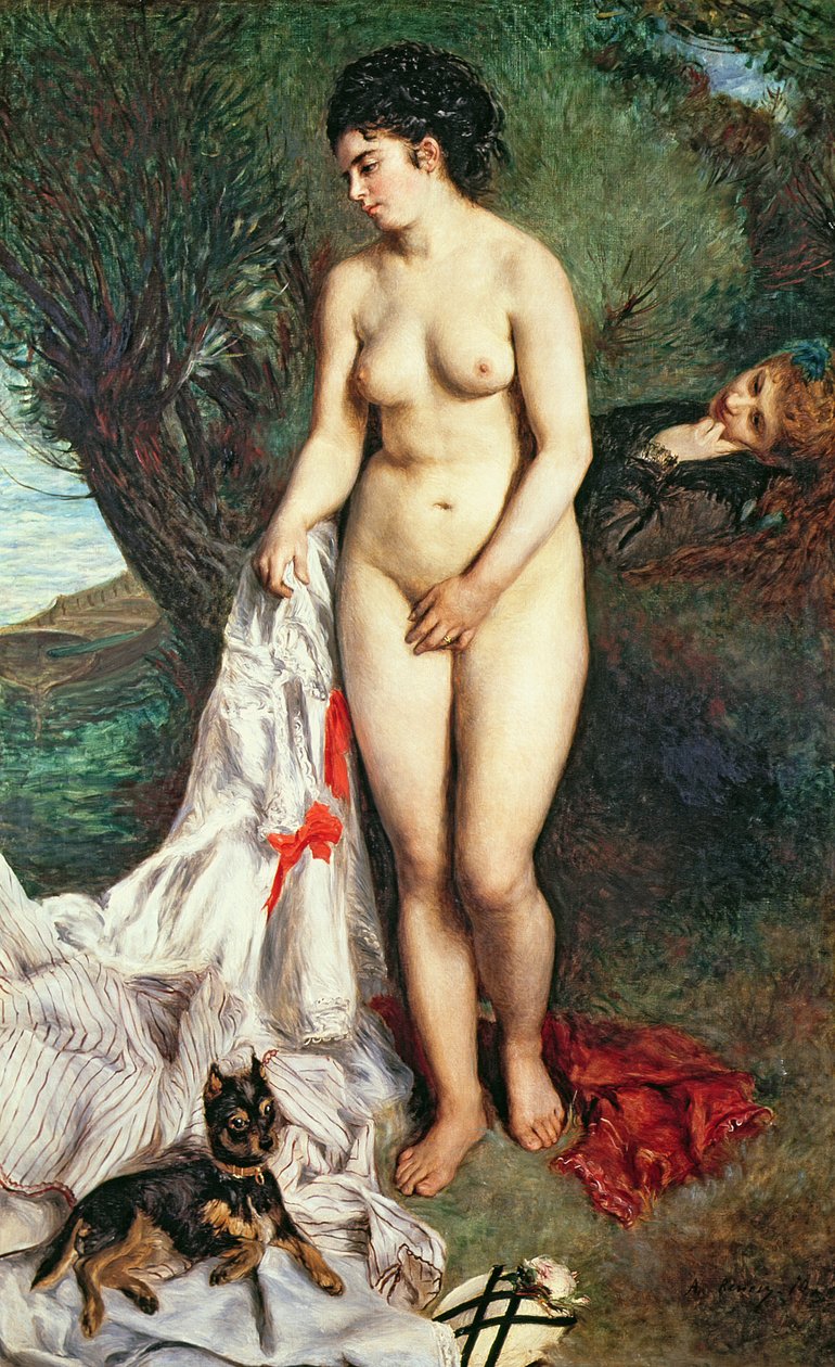 Banhista com um cachorro Griffon, 1870 de Pierre Auguste Renoir