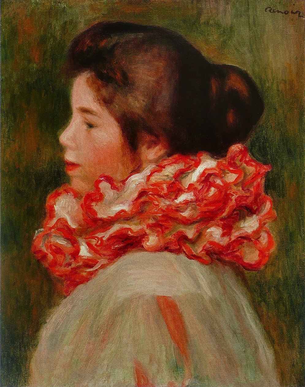 Mulher, com, colarinho vermelho de Pierre Auguste Renoir