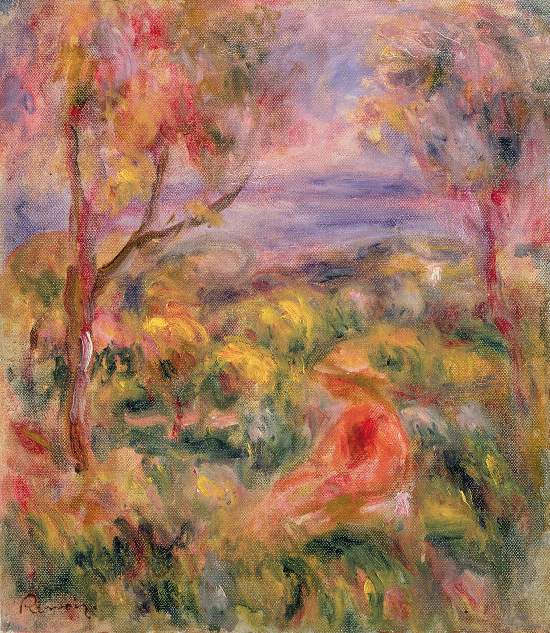 Menina e duas árvores em uma paisagem, 1917 de Pierre Auguste Renoir