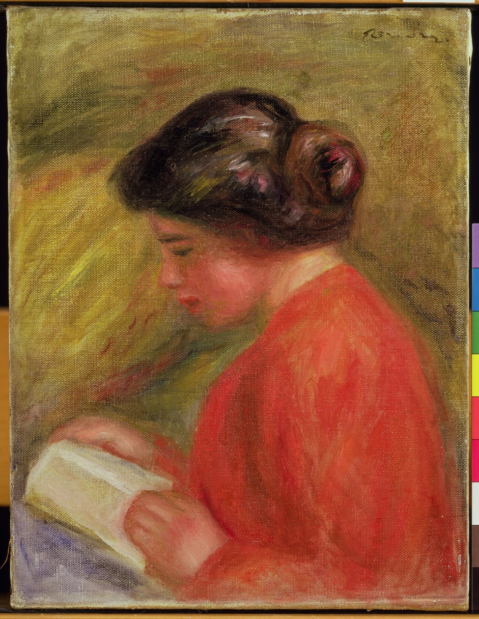Menina, em, vermelho, leitura de Pierre Auguste Renoir