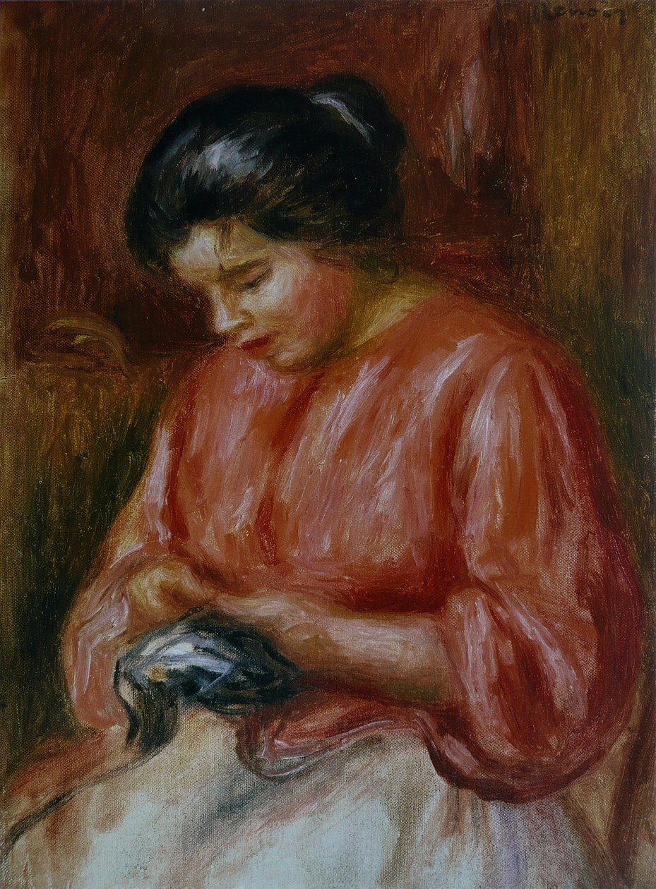 Menina jovem, em, vermelho de Pierre Auguste Renoir