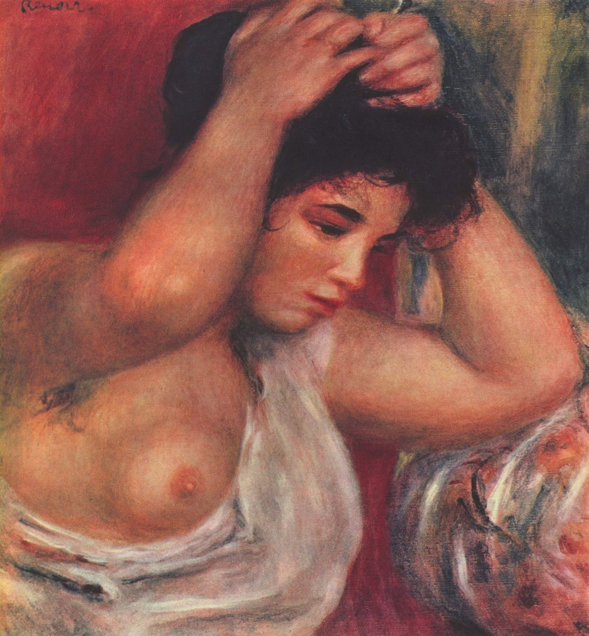 Mulher jovem, fazendo, hairdressing de Pierre Auguste Renoir
