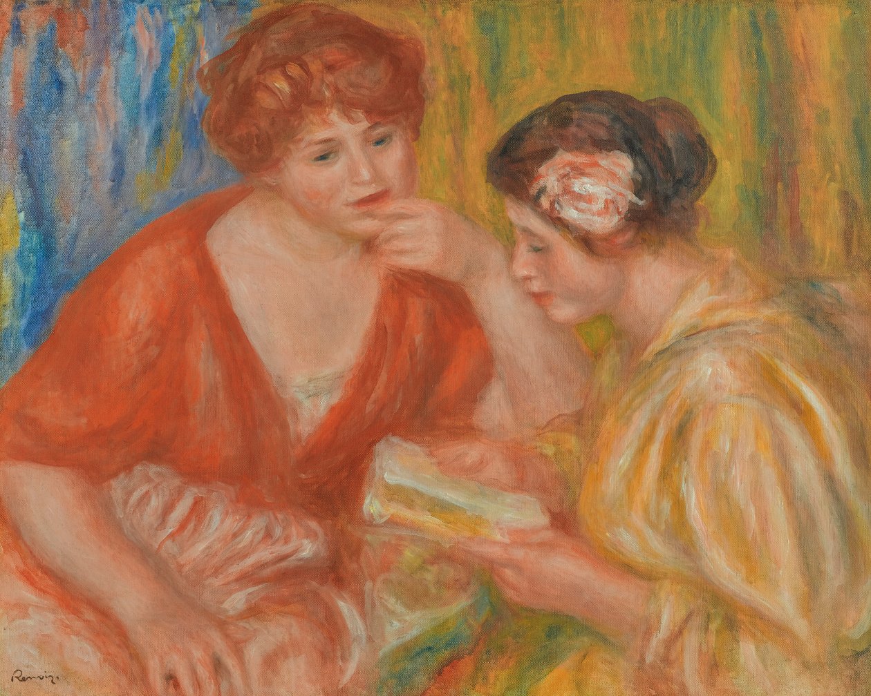 LEITURA, DUAS MULHERES EM CORSAGENS VERMELHAS E ROSAS de Pierre Auguste Renoir