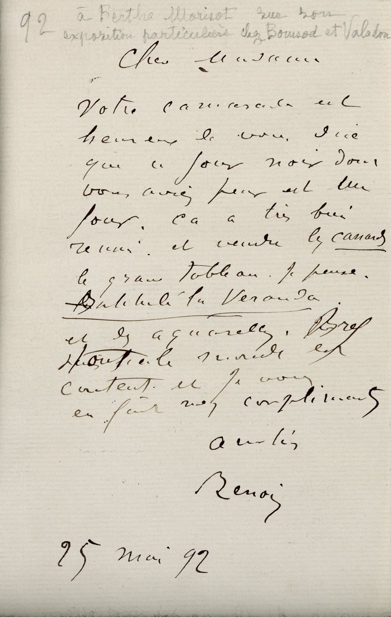 Carta de Renoir a Berthe Morisot (1841-95) sobre sua primeira exposição, 25 de maio de 1892 de Pierre Auguste Renoir