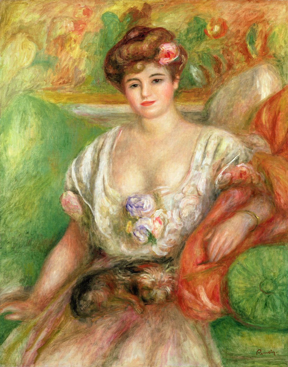 Misia Sert (1872-1950) com um cão de colo, c.1906 de Pierre Auguste Renoir