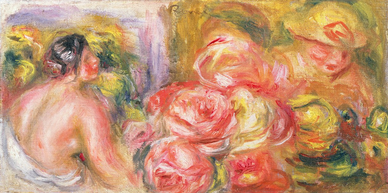 Menina nua com chapéu e rosas, 1916 de Pierre Auguste Renoir