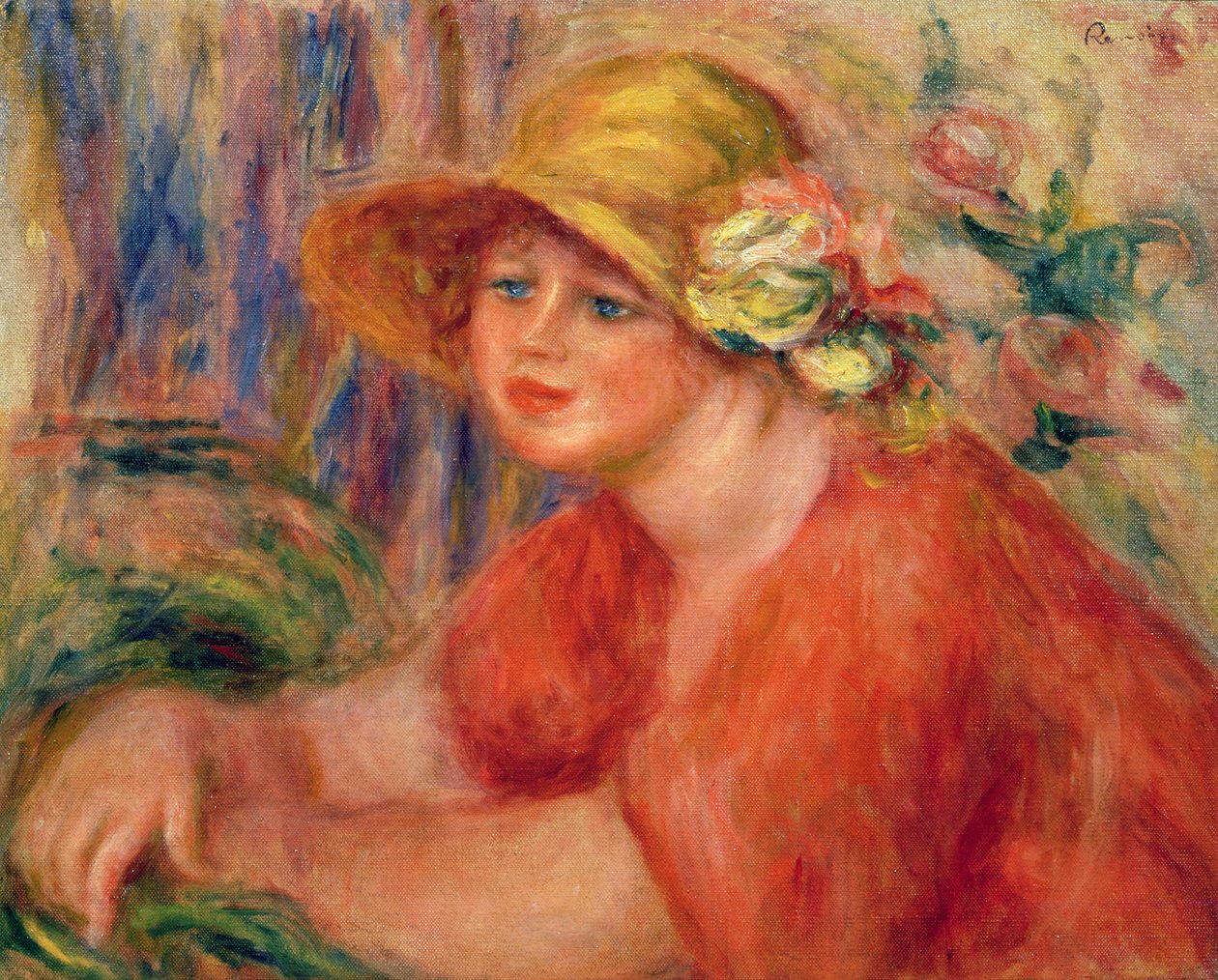 Retrato, de, um, mulher, em, um, chapéu, decorado, com, flores de Pierre Auguste Renoir