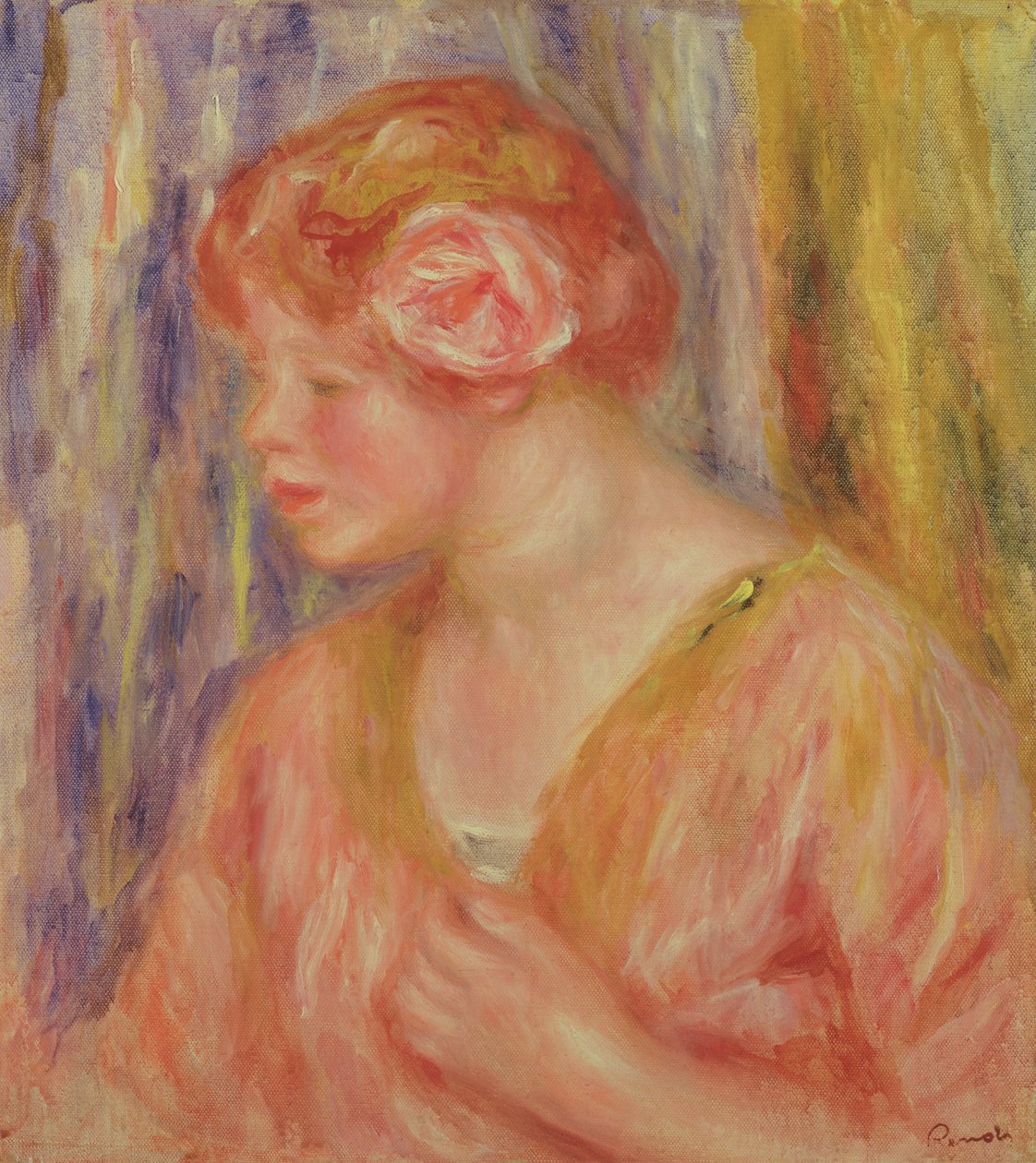 Mulher de cabeça vermelha com rosas no cabelo de Pierre Auguste Renoir