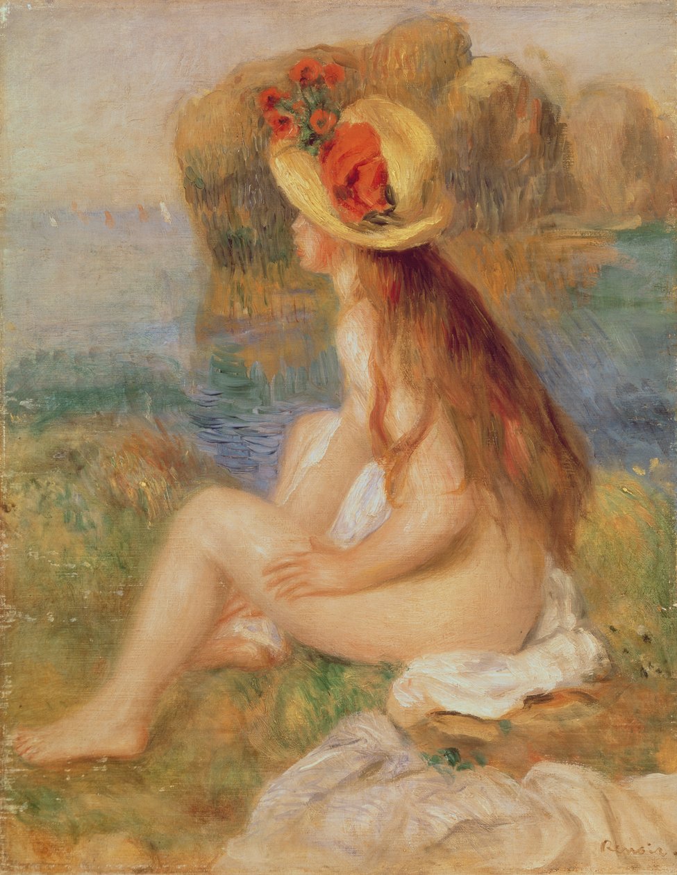 Assento feminino banhista em um chapéu de palha de Pierre Auguste Renoir