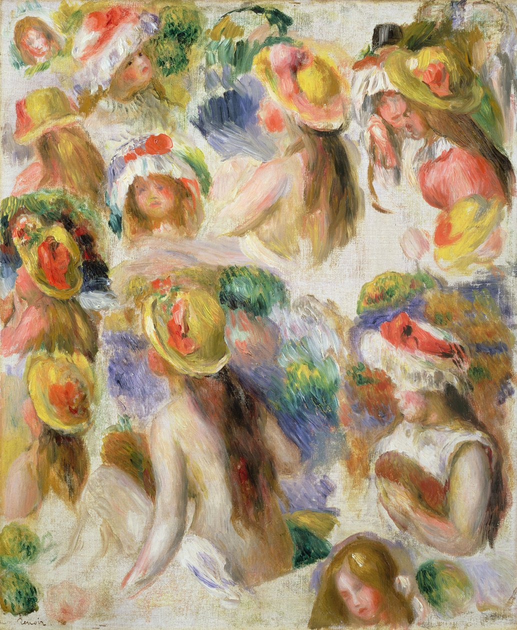 Estudo de Meninas Vestindo Chapéus de Pierre Auguste Renoir