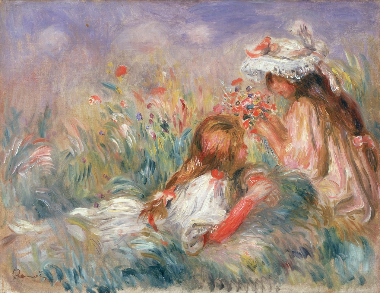 Dois filhos sentados entre flores, 1900 de Pierre Auguste Renoir