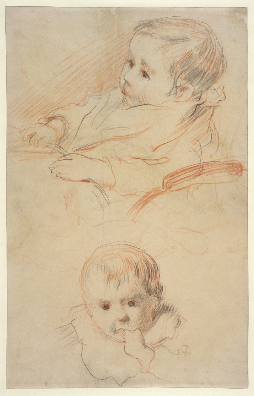 Dois estudos de uma criancinha, 1875-80 (giz preto e vermelho em papel amarelado) de Pierre Auguste Renoir