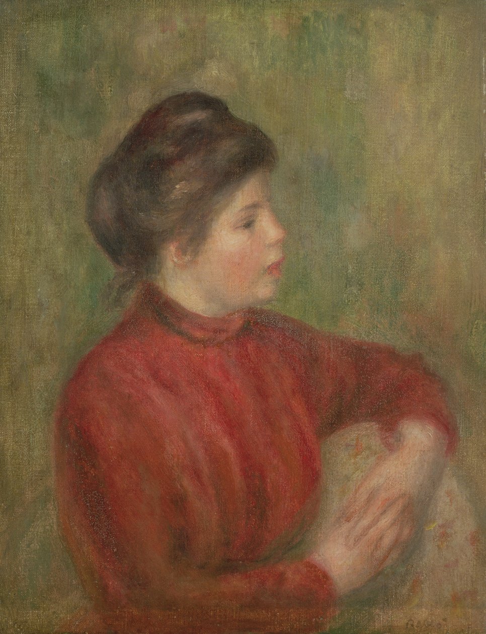 Mulher, inclinar-se, mãos, cadeira, 1891 de Pierre Auguste Renoir
