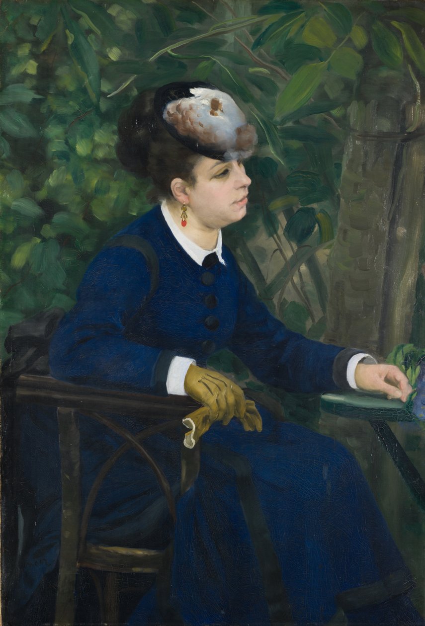 Mulher em um jardim (mulher com um chapéu de gaivota), 1868 de Pierre Auguste Renoir