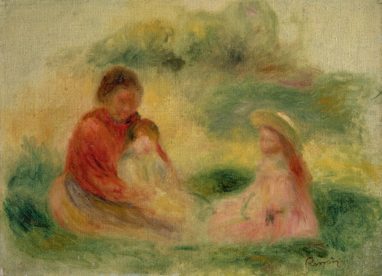 Mulher, com, duas crianças, sentar chão, 1902-03 de Pierre Auguste Renoir