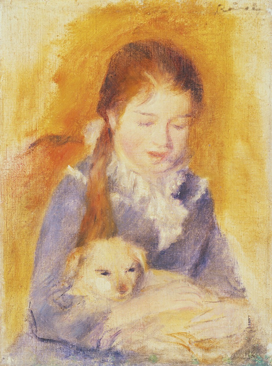 Menina jovem, com, um, cão, c.1875 de Pierre Auguste Renoir