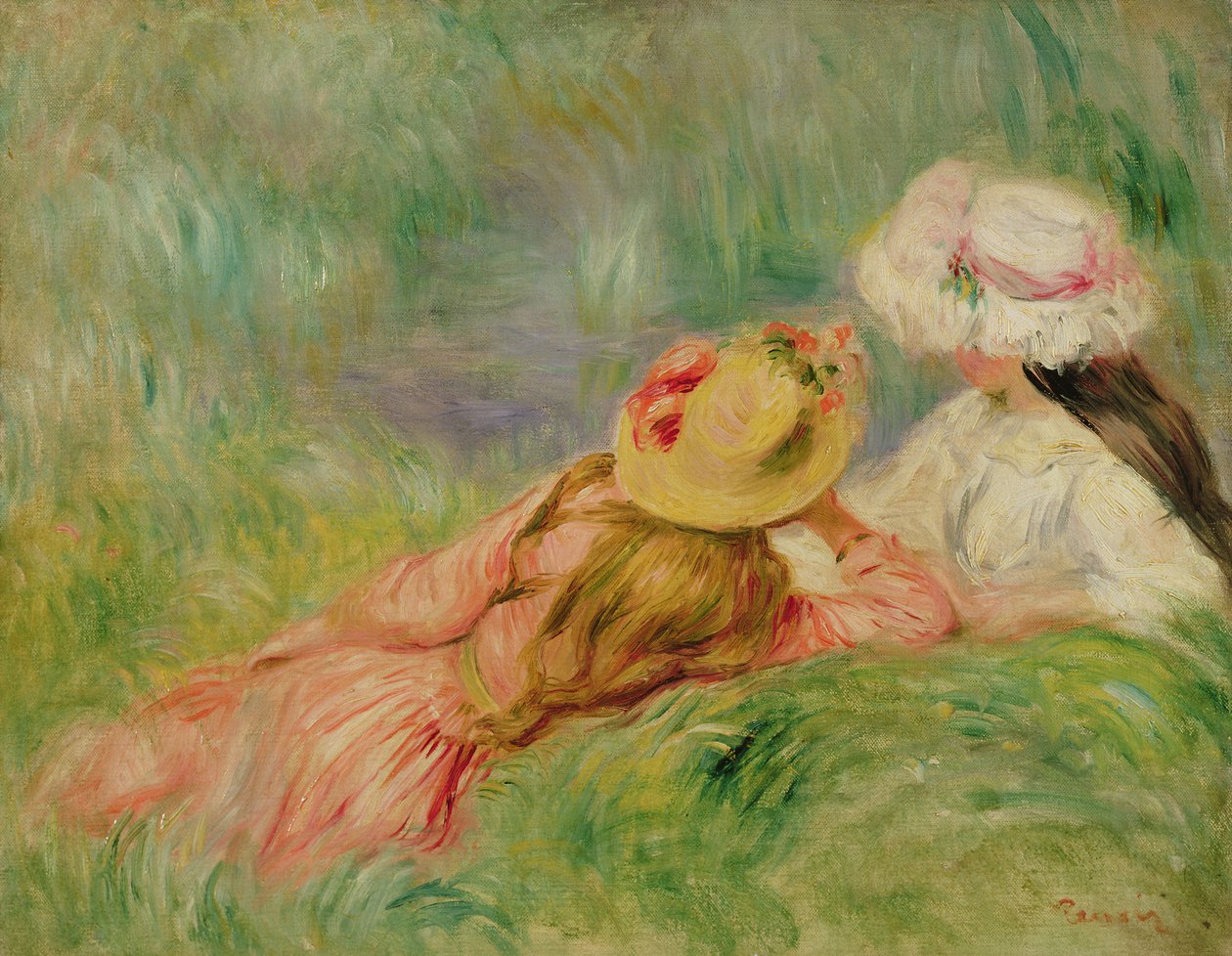 Meninas jovens no banco do rio de Pierre Auguste Renoir