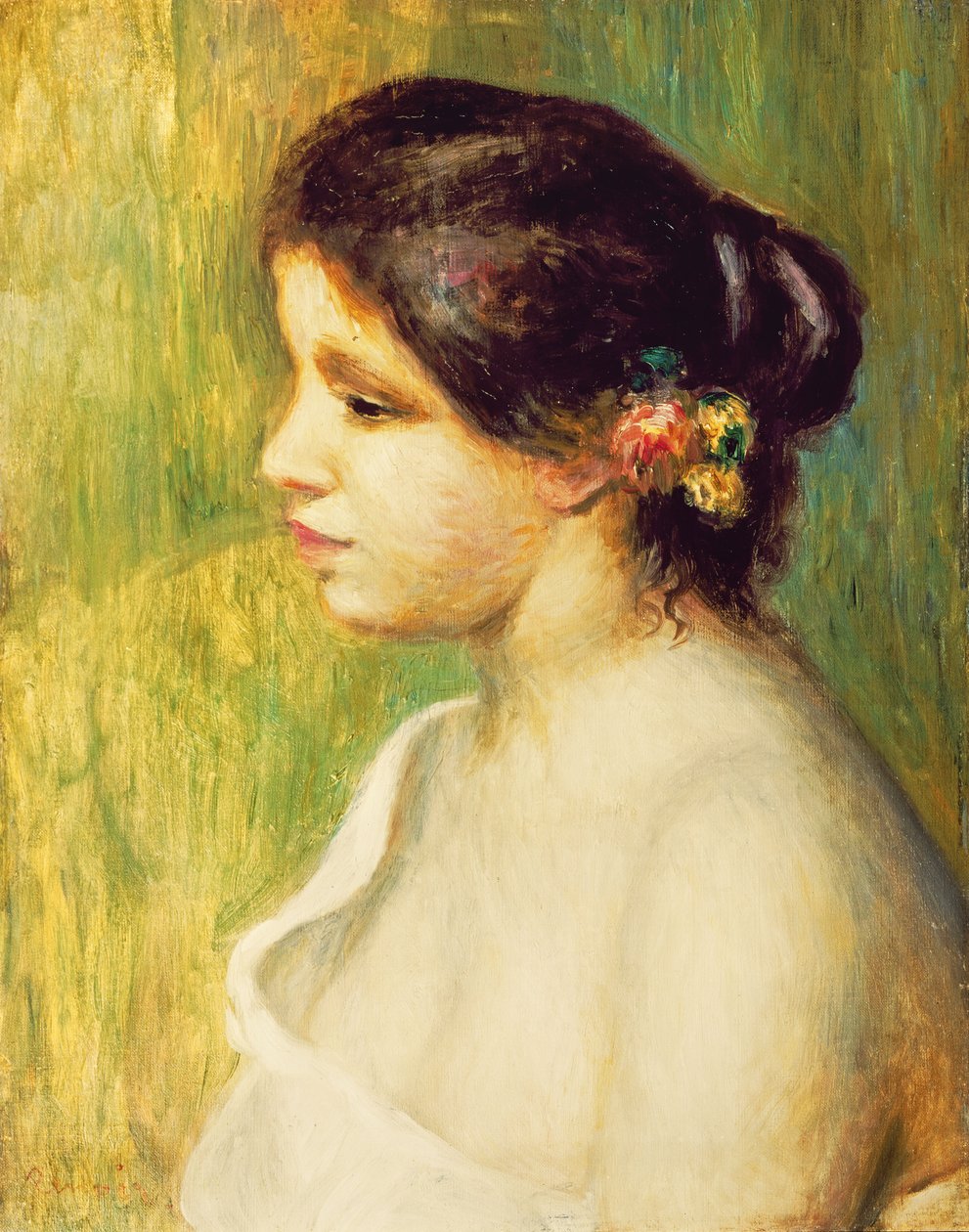 Mulher jovem, com, flores, em, dela, orelha, 1898 de Pierre Auguste Renoir