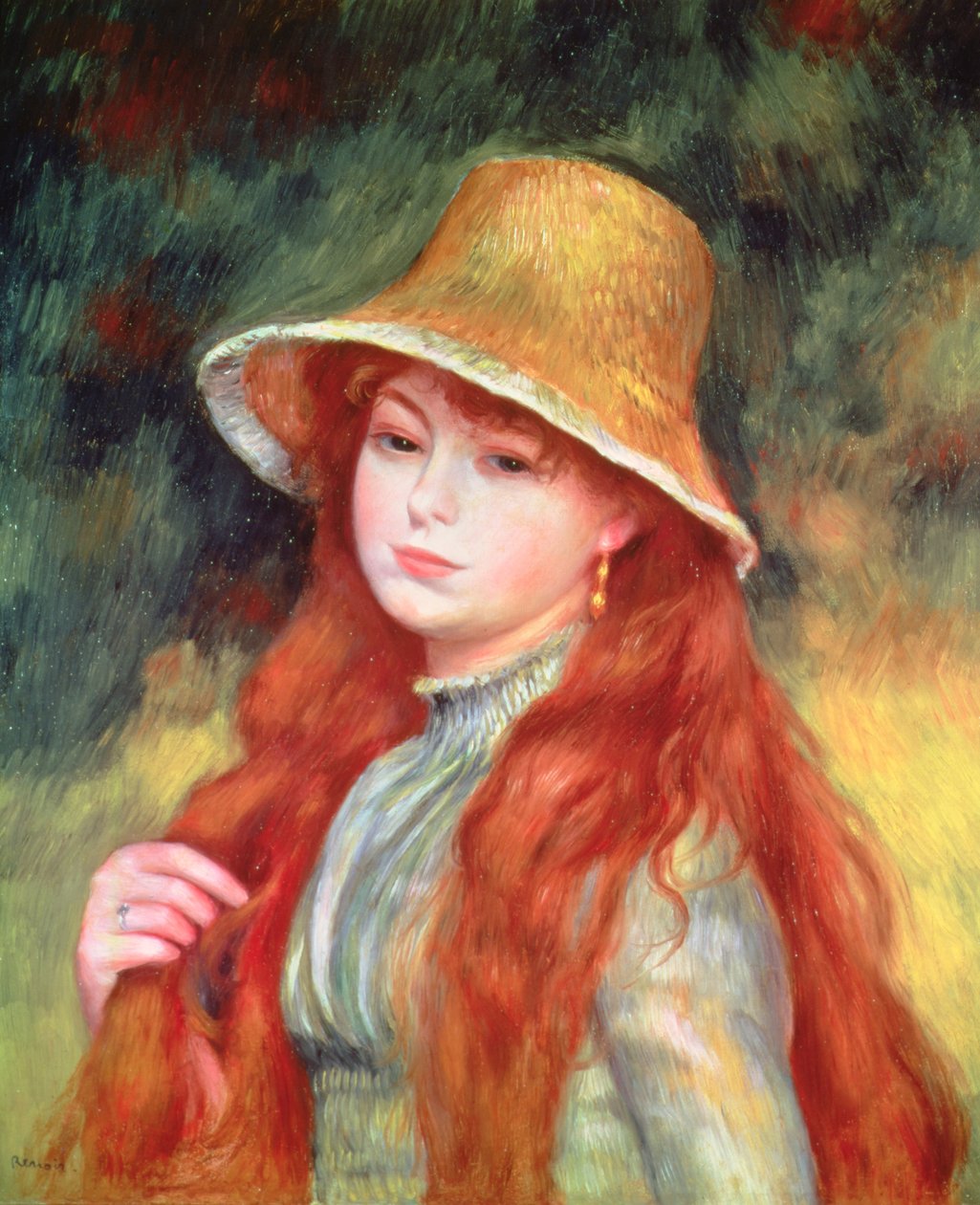 Menina jovem, com, cabelo longo, ou menina jovem, em, um, chapéu palha, 1884 de Pierre Auguste Renoir