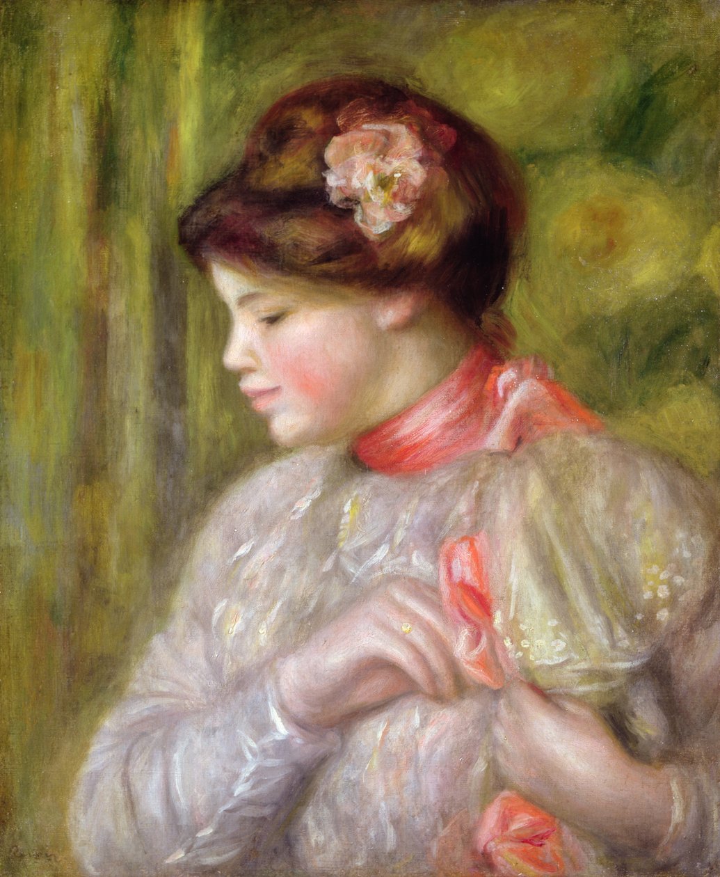 Mulher jovem, ajustar, dela, blusa, 1900 de Pierre Auguste Renoir