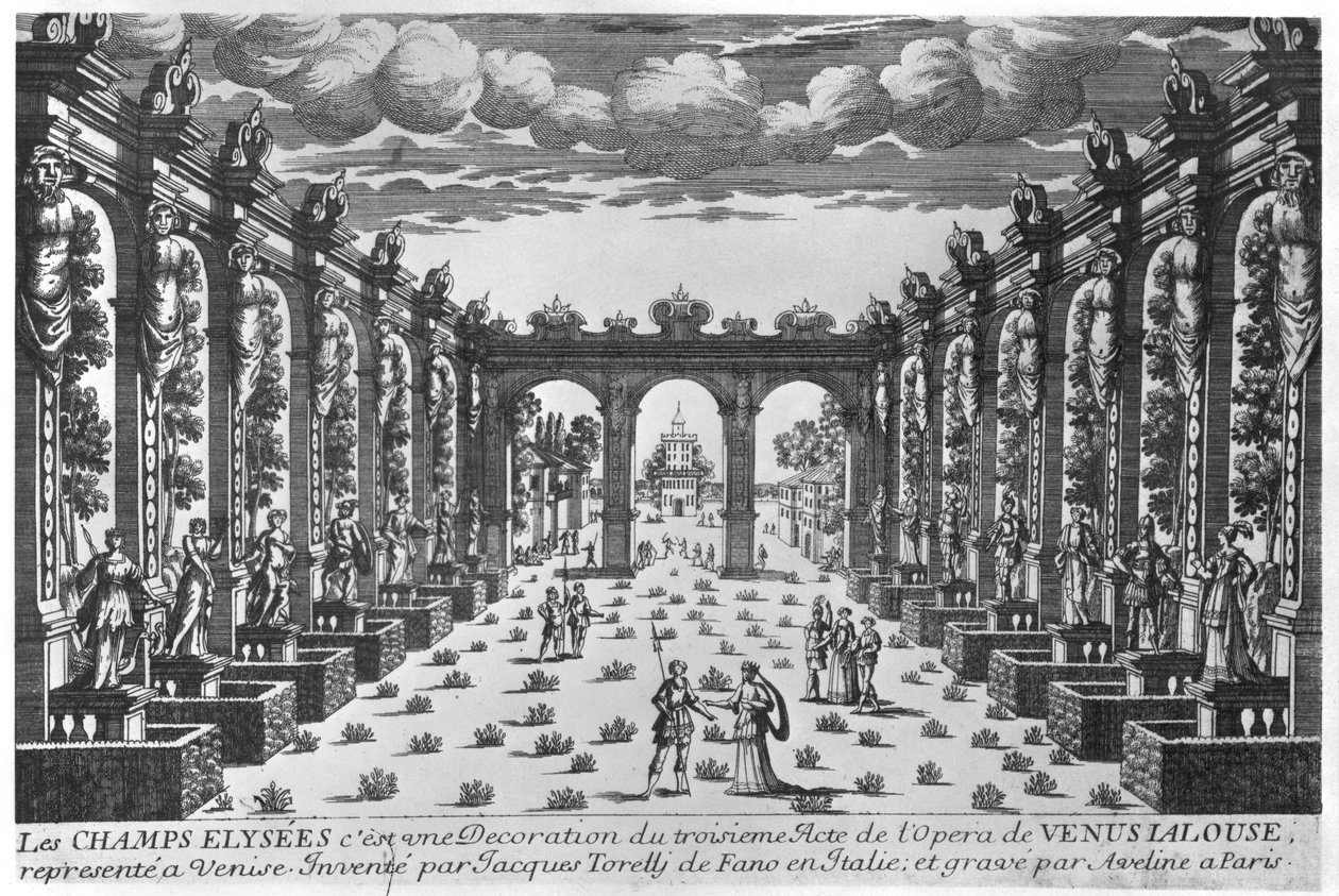Design de palco de Giacomo Torelli (1608-78) para a ópera &39;Venere Gelosa&39; realizada em 1643 no Teatro novissimo de Venise de Pierre Alexandre Aveline