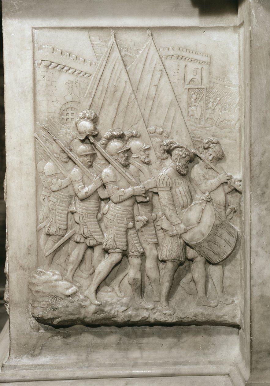 Túmulo de François I 1494-1547 e sua esposa, Claude da França, detalhe de soldados liderados por um baterista, encomendado em 1548 de mármore de Pierre Bontemps