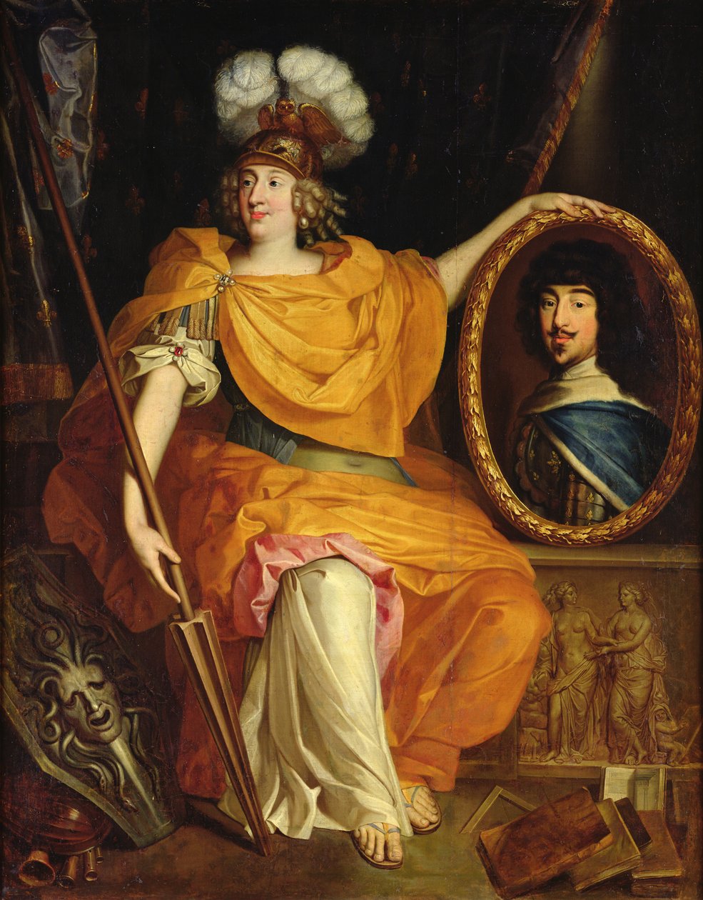 Anne Marie Louise d&39;Orleans segurando o retrato de seu pai, Gaston da França, 1672 de Pierre Bourguignon
