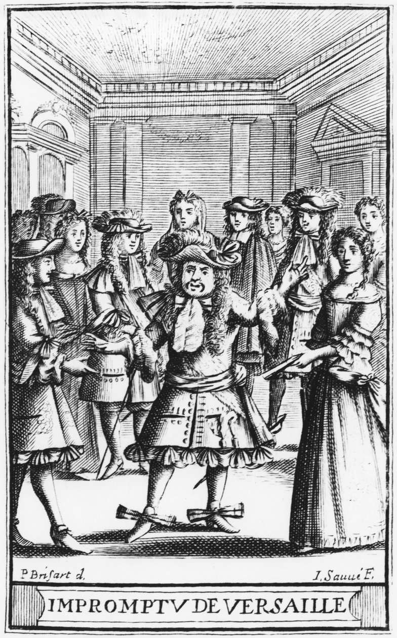 Ilustração do frontispício de &39;L&39;Impromptu de Versailles&39;, de Molière, gravada por Jean Sauve (fl.1660-91), primeira edição 1663 de Pierre Brissart