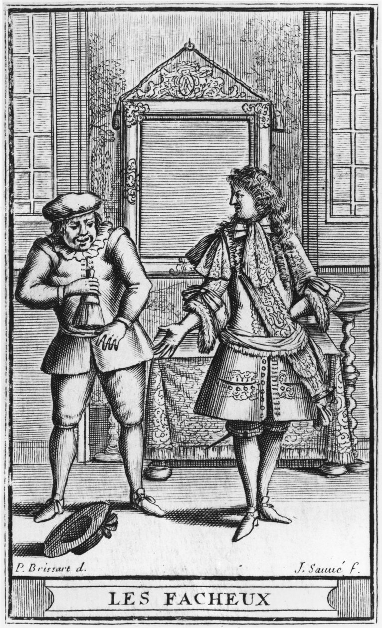 Ilustração Frontispício de &39;Les Facheux&39; por Molière, gravado por Jean Sauve (fl.1660-91) c.1661 de Pierre Brissart