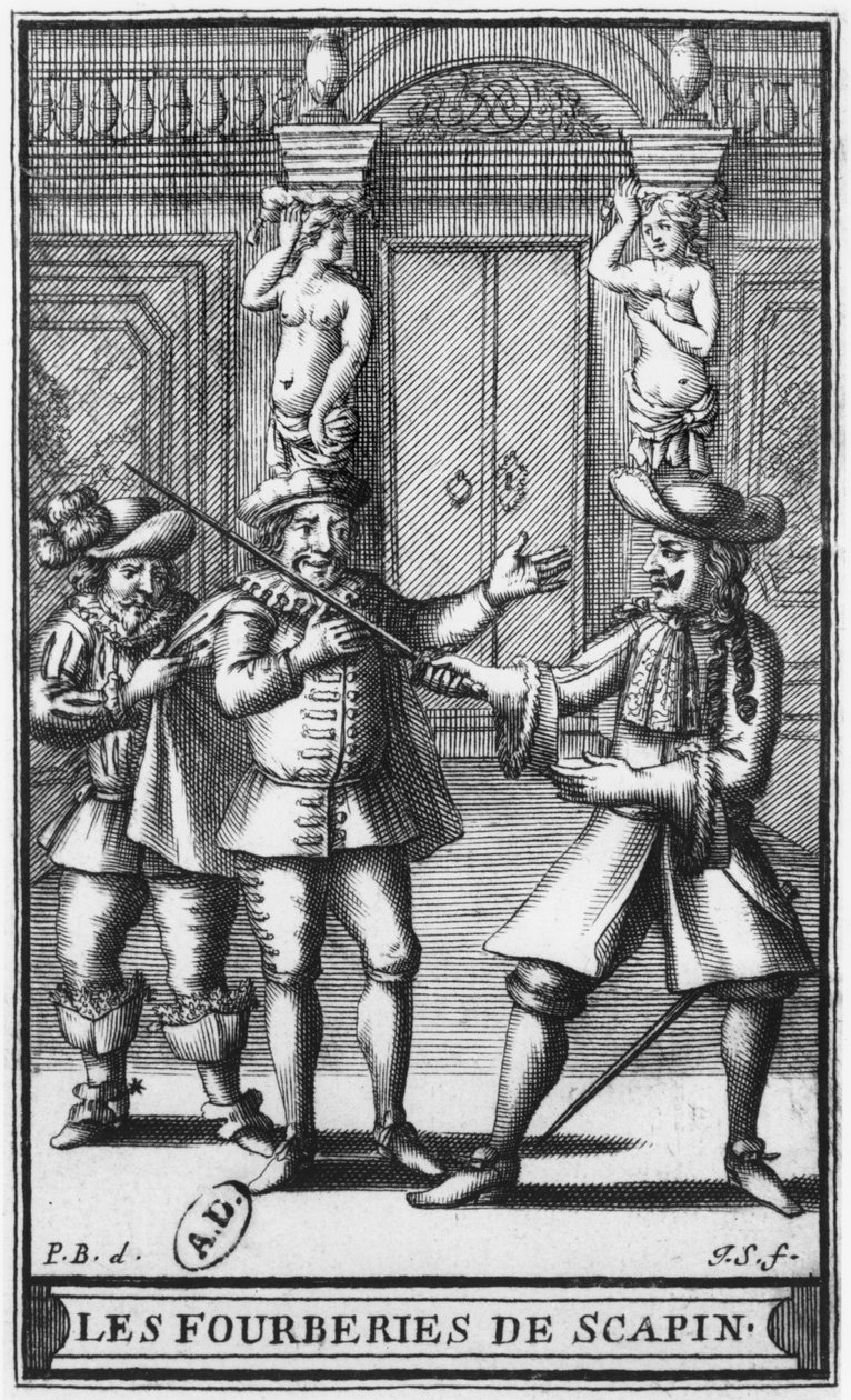 Ilustração Frontispício de &39;Les Fourberies de Scapin&39; por Molière, gravado por Jean Sauve (fl.1660-91) c.1671 de Pierre Brissart