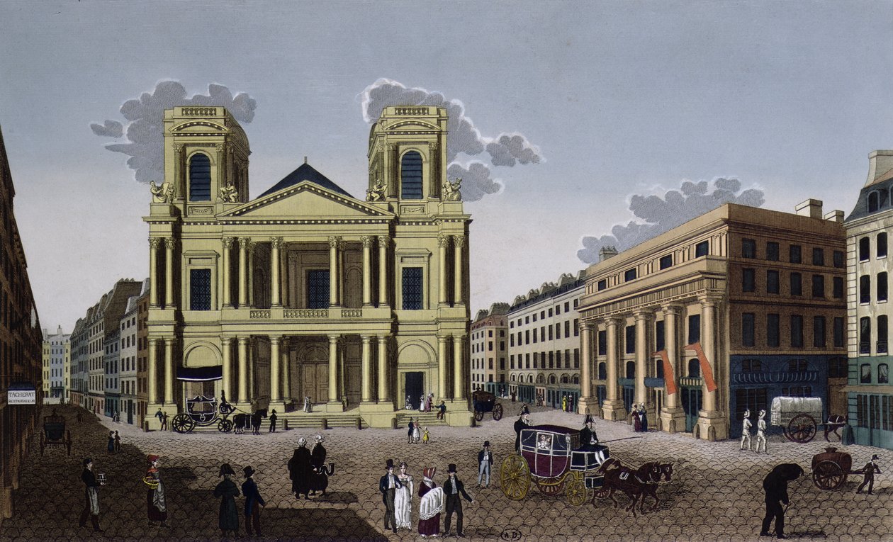 O pórtico da Igreja de Santo Eustáquio, c.1815-20 (cor gravura) de Pierre Courvoisier